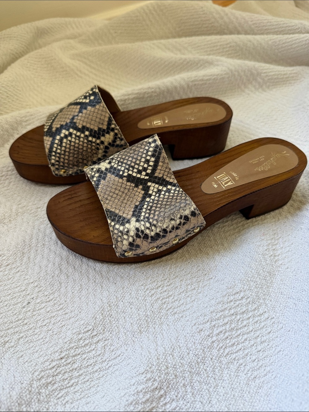 Seychelles Snake-Print Slide Sandals with wood heel